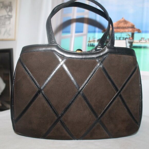 Vintage Greta Italy Leather Suede Diamond Pattern Onyx Kiss Lock Handbag Purse - Picture 2 of 11
